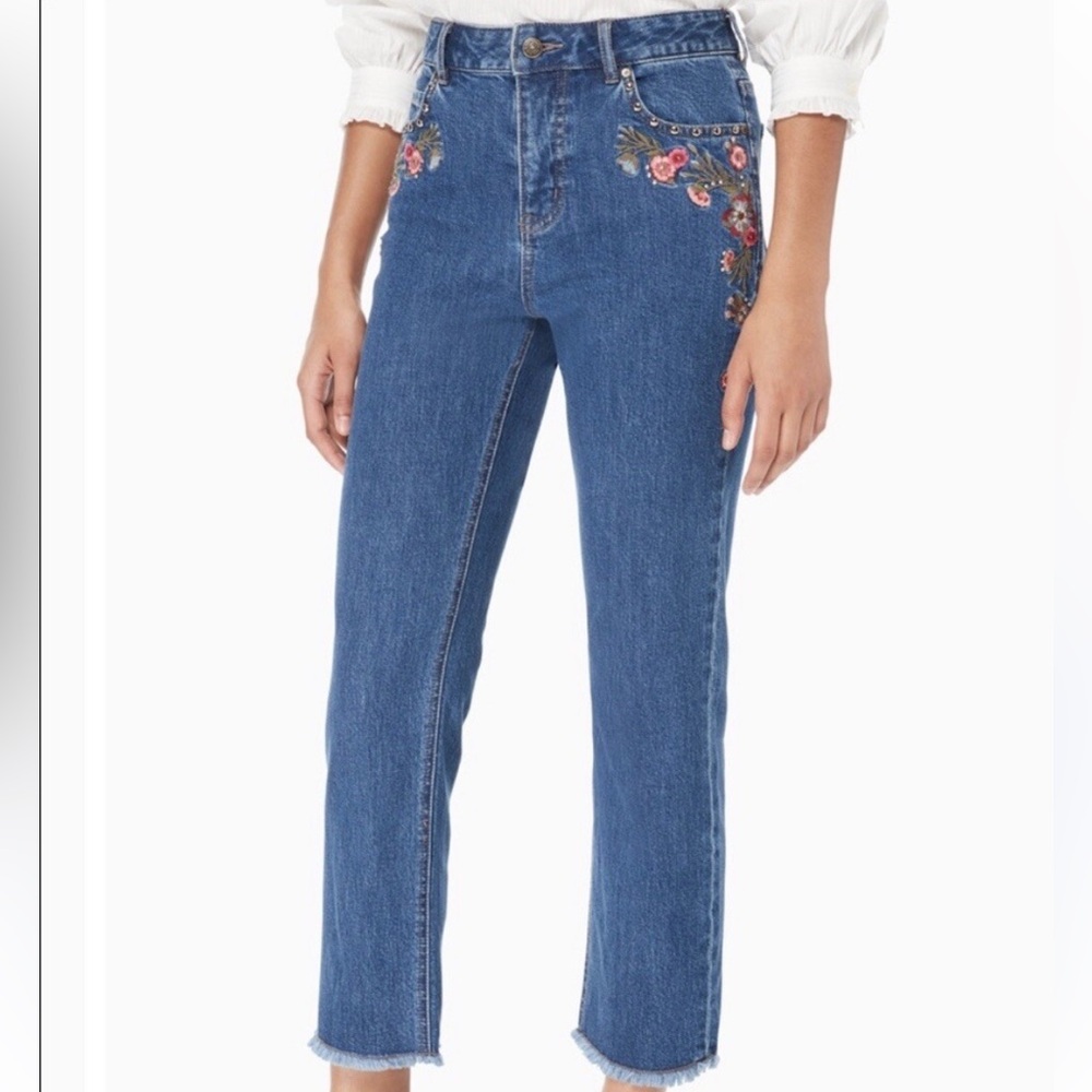 KATE SPADE Live Colorfully Embroidered Floral Crop Fringe Frayed Hem Jeans